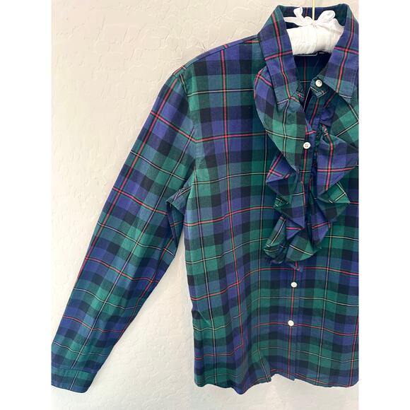🆕 AMERICAN LIVING | Green Plaid Tuxedo Ruffle Classic Long Sleeve Blouse |Small - Picture 3 of 7